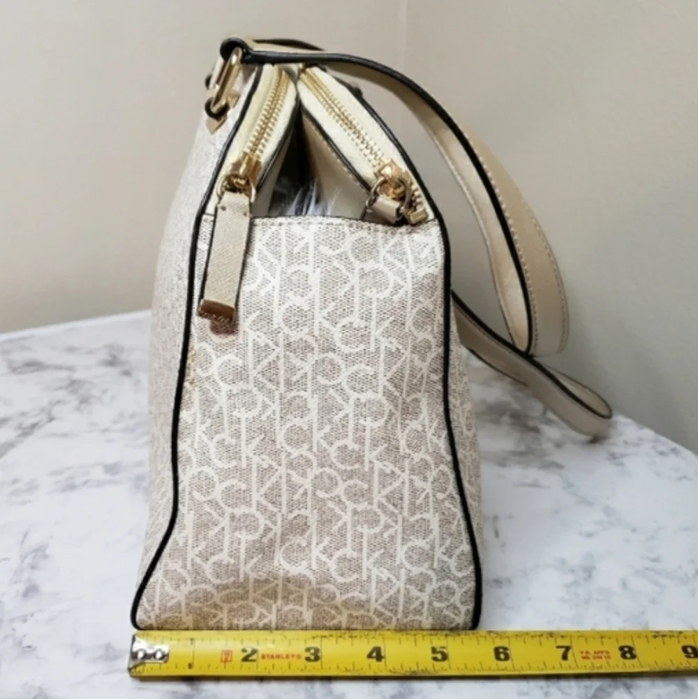 Calvin Klein Large Almond Monogram Satchel - Like New | Metallic Gold & Cream